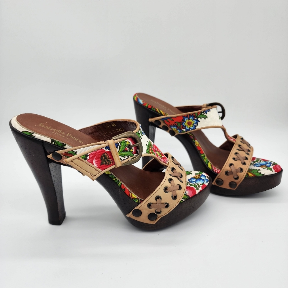 Isabella Fiore Italy Floral Wooden Platform Heel Clogs Sandals Size 5.5 - Picture 4 of 14